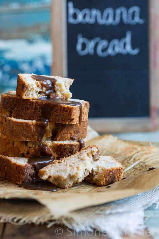 banana bread with homemade caramel sauce