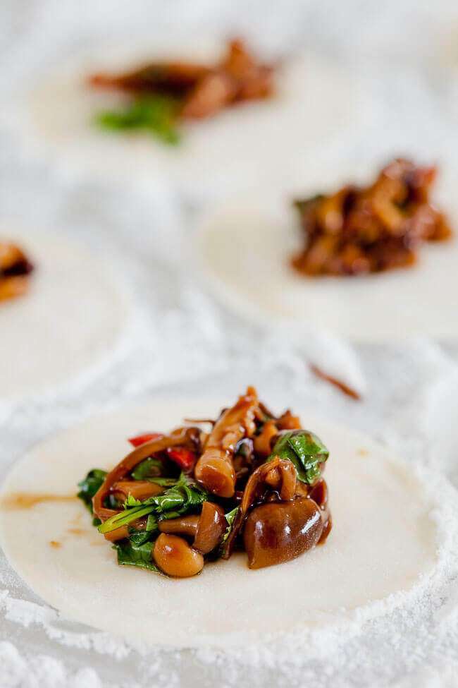 Adding the dumpling filling