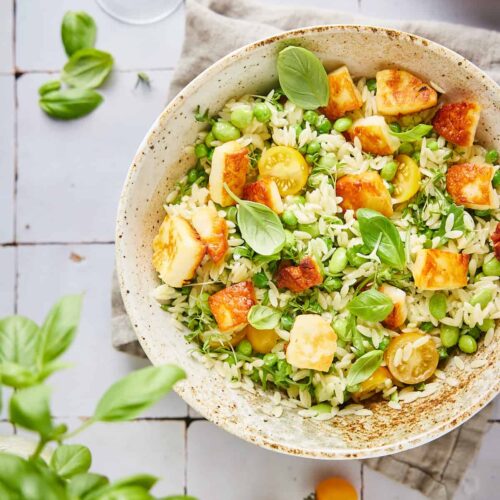 orzo salad with halloumi