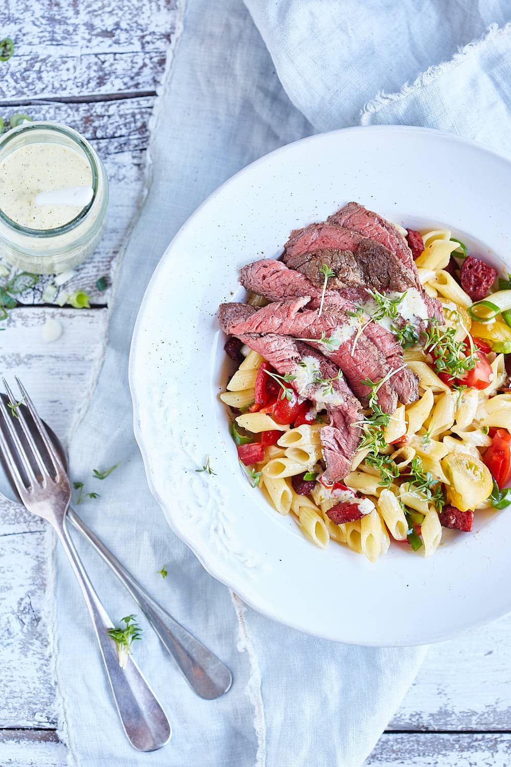 Pasta salad with steak and chorizo
