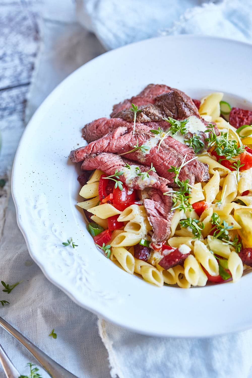 Pasta salad with steak