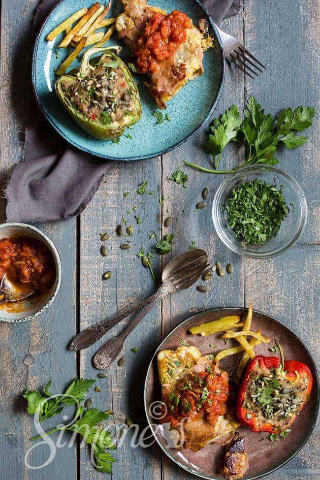 Cod with bacon and a filled bell pepper with cauliflower couscous| insimoneskitchen.com