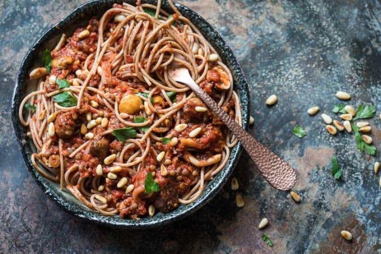 Vegan spaghetti bolognese in a bowl