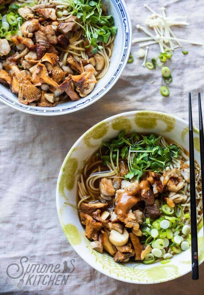 Ramen noodle bowl with mushrooms and pork belly | insimoneskitchen.com