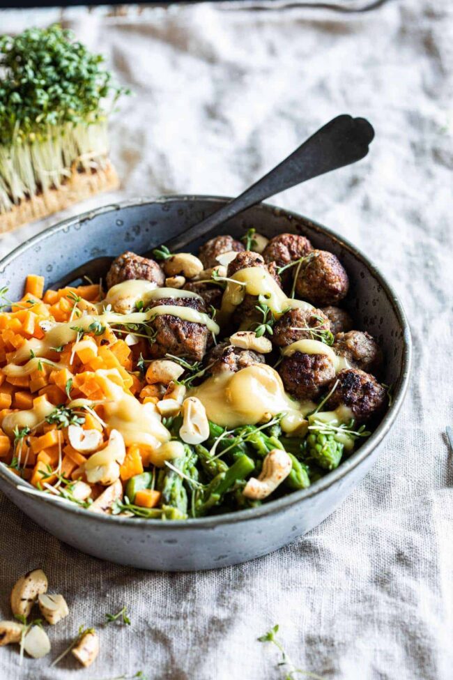 Sweet potato rice with meat balls