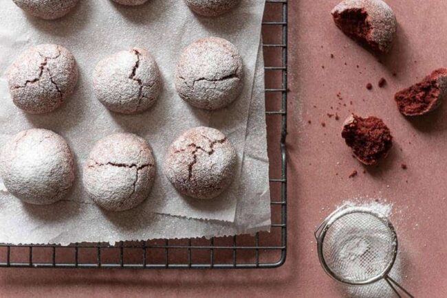 Red velvet crinkle cookies topshot