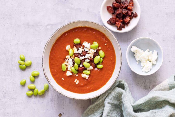 Landscape shot of the soup with the chorizo and feta