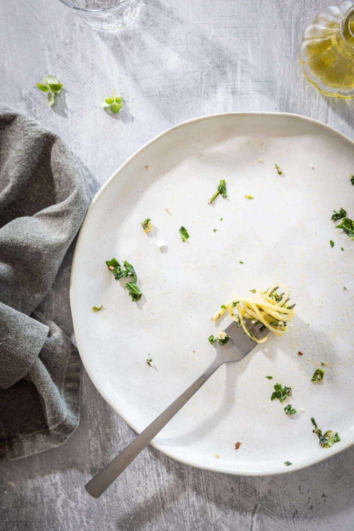 Empty plate with fork and spaghetti