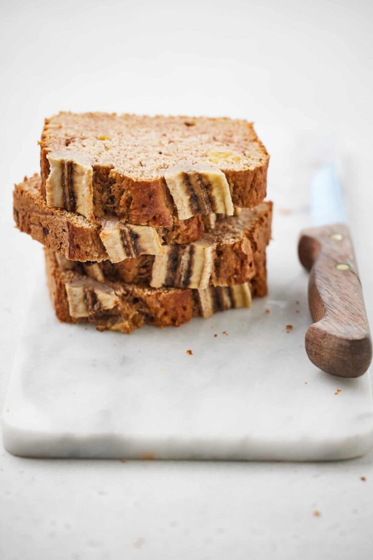 Stack of vegan banana bread slices