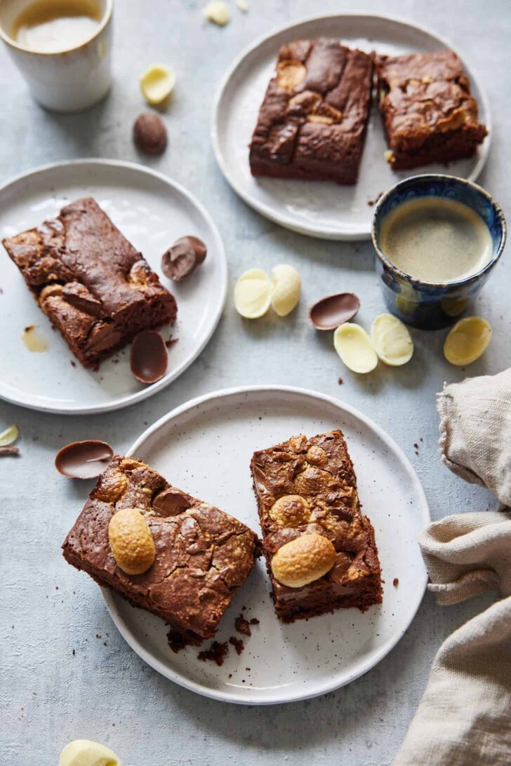 Three plates with easter egg brownies
