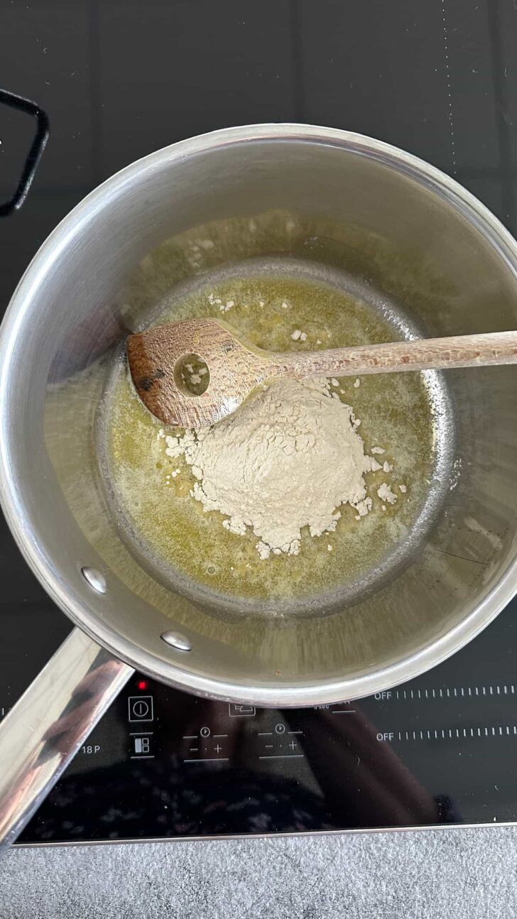 Making bechamel. Add flour to the melted butter