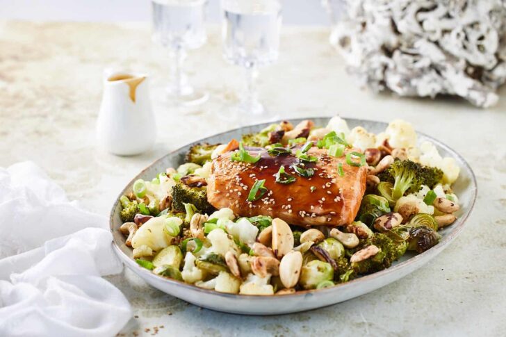 Baked salmon with roasted vegetables