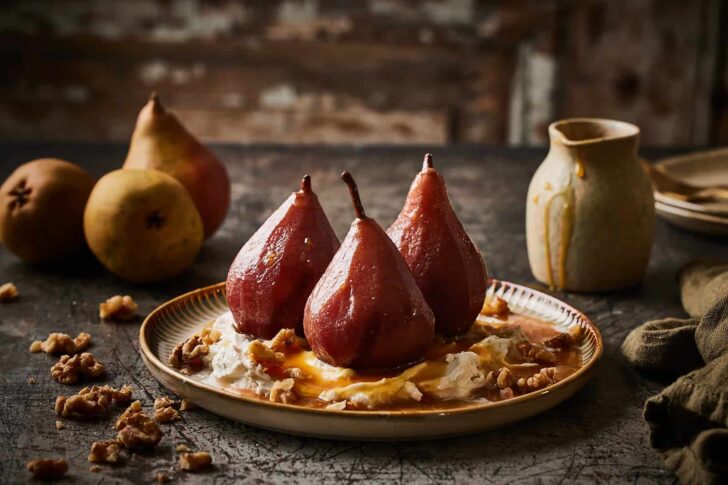 Poached pears with mascarpone cream and orange caramel