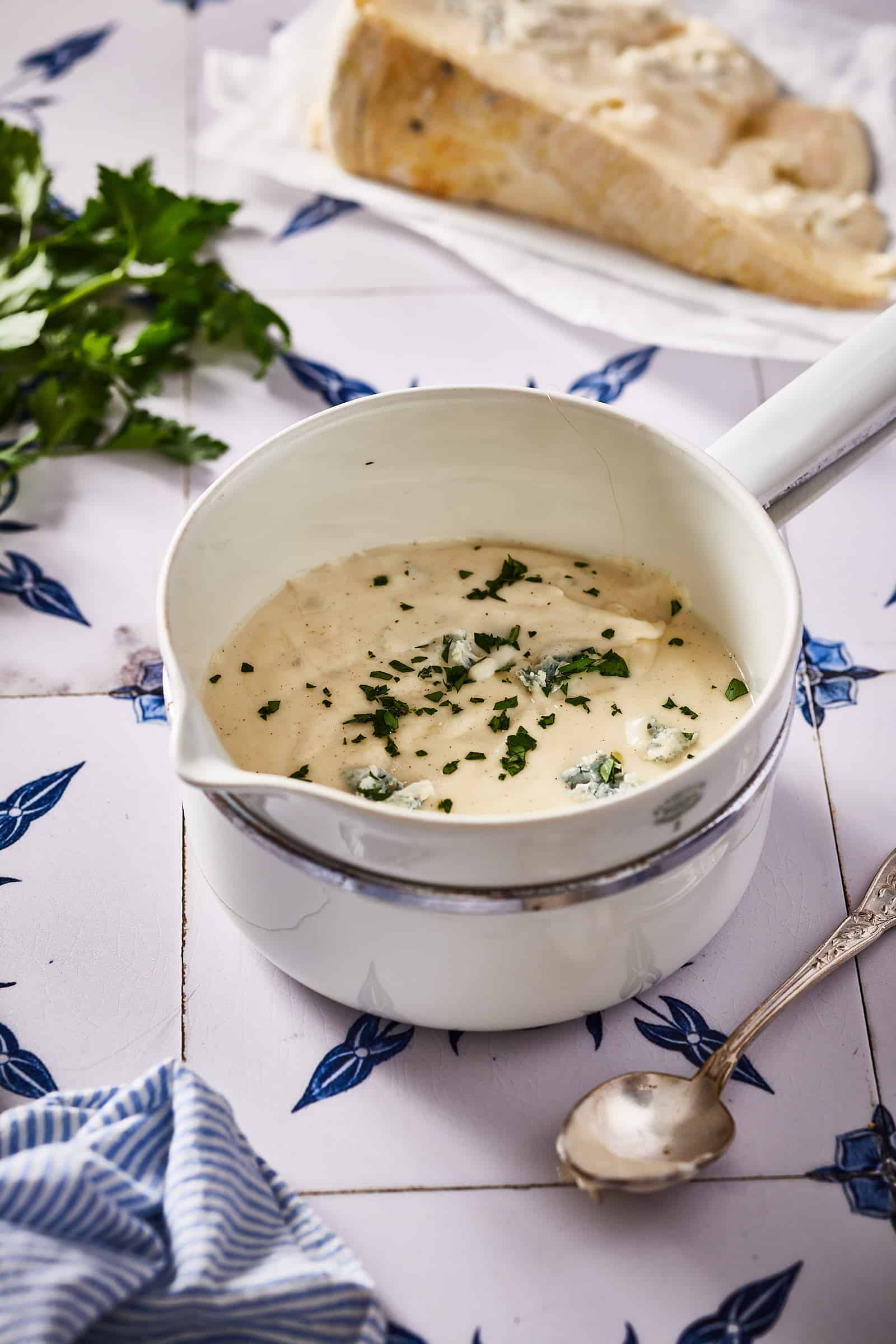 Little saucepan filled with gorgonzola sauce recipe