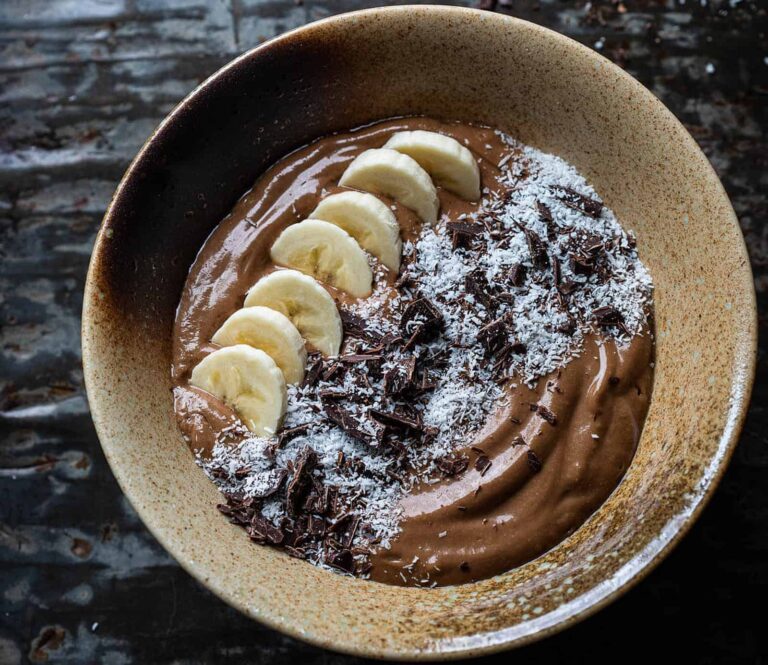 Chocolate smoothie bowl with coffee
