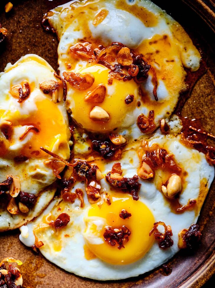 Crispy chili oil on a fried egg
