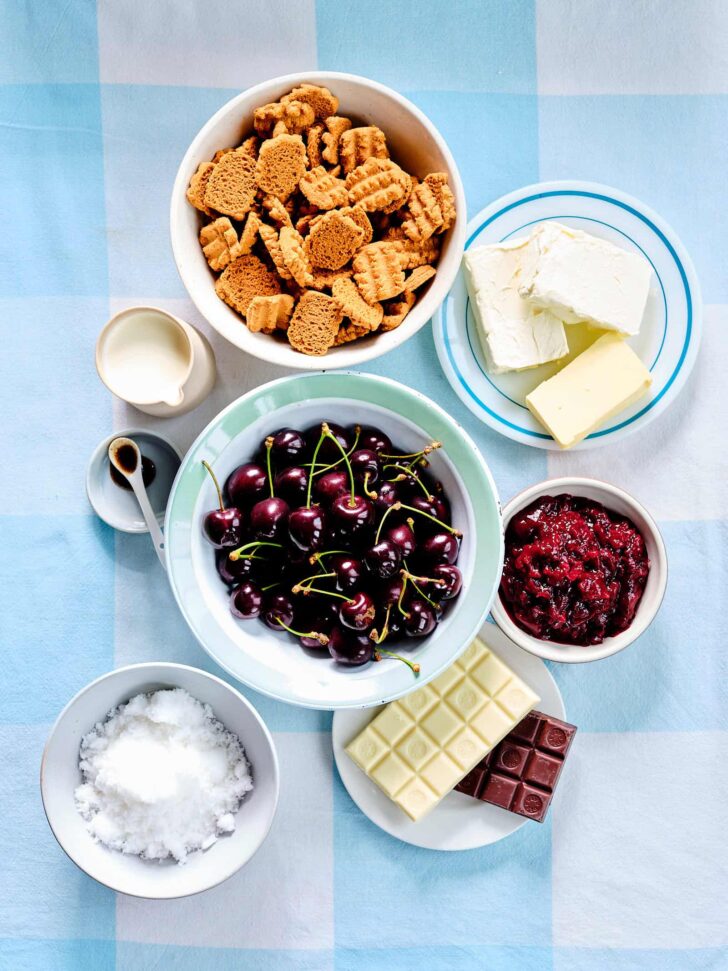 Ingredients for no bake cheesecake with cherries
