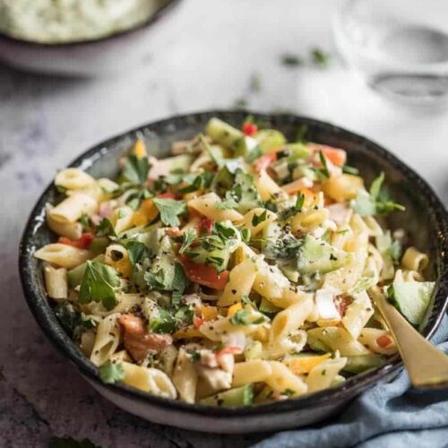 Pasta salad with chicken and pesto