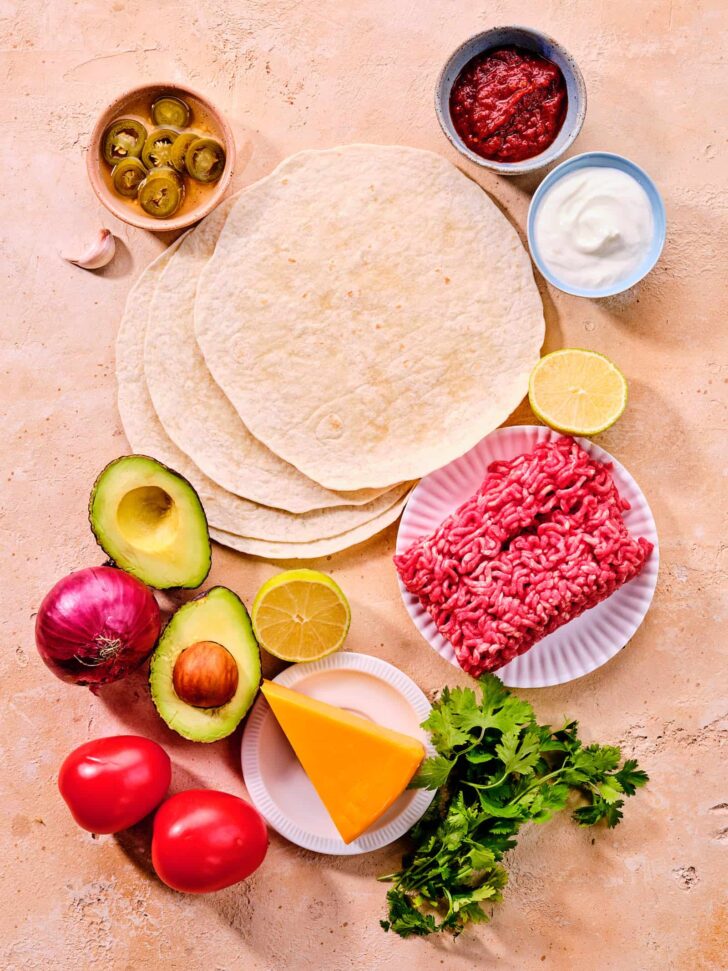 Ingredients for smashed tortilla burger